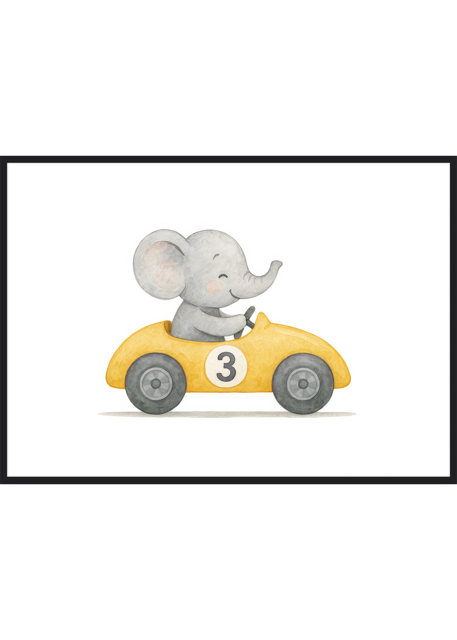 plakat med en elefant i en gul racerbil